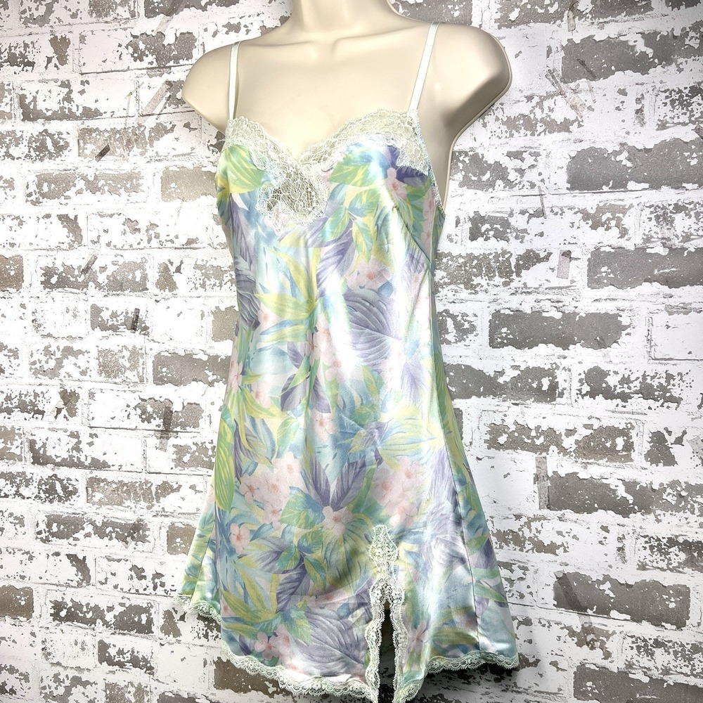 Victoria's Secret 2013 Slip Dress XS Tropical Watercolor Pink Green Satin Y2K
